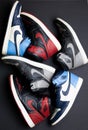 Multiple Pairs of Air Jordan 1 Shoes. Air Jordan 1 Shadow, Obsidian, and Bred (Banned).