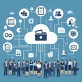 Multiple people icons connect through a shared cloud representin