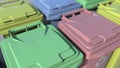 Multiple plastic trash containers for sorting recycled garbage. 3D rendering