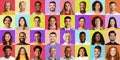 Multiple Portraits Of Multiethnic People In Collage Over Colorful Backgrounds