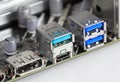 Multiple ports on modern computer mainboard show with Display port, USB 3.2 type A and type C, usb 3.1