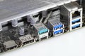 Multiple ports on modern computer mainboard show with HDMI, Display port, USB 3.2 type A and type C, usb 3.1 and LAN Royalty Free Stock Photo