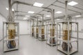 Multiple quantum dilution refrigerators lined up in a clean laboratory, with golden components and complex wiring for Royalty Free Stock Photo