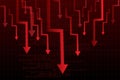 Multiple red arrows crashing vertically over digital grid, showing synchronized collapse and layoffs. Vector Royalty Free Stock Photo