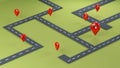 Multiple red location pins on simple road map shipping concept, 3d illustration