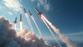 Multiple rockets ascend into bright blue sky leaving smoke trails. Powerful engines ignite with fire. Spacecraft launch into Royalty Free Stock Photo