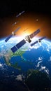 Multiple Satellites Orbiting Earth View Over North America at Sunset Royalty Free Stock Photo