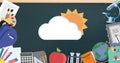 Multiple school concept icons against blackboard