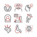 Multiple sclerosis. Symptoms, Causes, Treatment. Line icons set. Vector signs for web graphics. Royalty Free Stock Photo