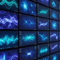 Multiple screens display abstract digital waveforms and data visualizations. Vibrant Royalty Free Stock Photo