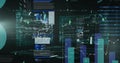 Multiple screens displaying complex data analysis and financial charts are visible