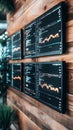 Multiple Screens Displaying Cryptocurrency Graphs on a Wooden Wall for Trading Analysis Royalty Free Stock Photo
