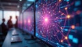 Multiple screens visualize complex network data. Team monitors data streams. Abstract digital display interconnected systems. Royalty Free Stock Photo