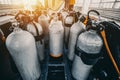 Multiple scuba diving tanks ready for use Royalty Free Stock Photo