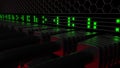 Multiple server connectors and flashing green LED lamps. Computer network, cloud technology or modern data center