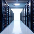 Multiple server racks against a pristine white backdrop , center, server farm, modern technology Royalty Free Stock Photo