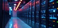 Multiple server racks in clean studio setting, modern, efficient, technology