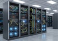 Multiple server racks are organized in a spacious, tiled-floor data Royalty Free Stock Photo