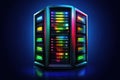 Multiple servers with blinking lights illuminate a dark data center, indicating ongoing network operations and data