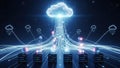 Multiple servers connected to a glowing blue cloud with data streams and weather in a futuristic digital network Royalty Free Stock Photo