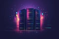 Multiple servers glow with blinking indicators, showcasing active data processing amidst a dark, high-tech environment