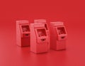 Multiple shiny red plastic Automated Teller Machines or ATM machines in rows on red background side by side, flat colors, single