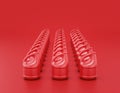 Multiple shiny red plastic bleach containers in rows on red background, flat colors, single color, 3d rendering, against covid-19