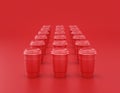 Multiple shiny red plastic coffee cups in a row on red background, flat colors, single color disposable paper cup, 3d rendering