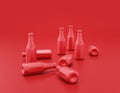Multiple shiny red plastic ketchup bottles in red background, flat colors, single color, 3d rendering