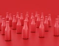 Multiple shiny red plastic ketchup bottles in red background, flat colors, single color, 3d rendering