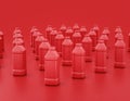 Multiple shiny red, single color plastic milk or juice containers in a row in red background, flat colors, 3d rendering