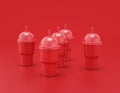 Multiple slurpee cups in a row shiny red plastic slurpy caffee containers in red background, flat colors, single color, 3d