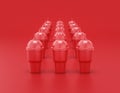 Multiple slurpee cups in a row shiny red plastic slurpy caffee containers in red background, flat colors, single color, 3d