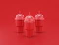 Multiple slurpee cups in a row shiny red plastic slurpy caffee containers in red background, flat colors, single color, 3d