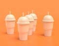 Multiple slurpee cups in a row white plastic slurpy caffee containers in yellow orange background, flat colors, single color, 3d