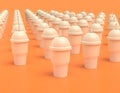 Multiple slurpee cups in a row white plastic slurpy caffee containers in yellow orange background, flat colors, single color, 3d