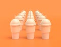 Multiple slurpee cups in a row white plastic slurpy caffee containers in yellow orange background, flat colors, single color, 3d