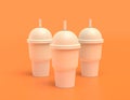 Multiple slurpee cups in a row white plastic slurpy caffee containers in yellow orange background, flat colors, single color, 3d