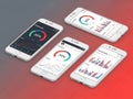 Multiple smartphones displaying data analytics, isolated on white background Royalty Free Stock Photo