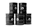 Multiple stacked black metal oil barrels with drop symbols over white background Royalty Free Stock Photo