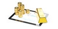 Multiple stacks of gold money coins and gold bar, ingot or bullion on computer tablet over white background, online or electronic Royalty Free Stock Photo