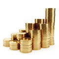Stacked Gold Coins in Increasing Height on White Background money currency Royalty Free Stock Photo