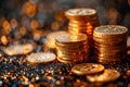 Multiple stacks of shiny gold coins on a surface with a warm background , AI generated Royalty Free Stock Photo