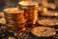 Multiple stacks of shiny gold coins on a surface with a warm background , AI generated Royalty Free Stock Photo