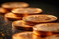 Multiple stacks of shiny gold coins on a surface with a warm background , AI generated Royalty Free Stock Photo