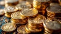 Multiple stacks of shiny gold coins on a surface with a warm background , AI generated Royalty Free Stock Photo