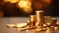 Multiple stacks of shiny gold coins on a surface with a warm, glowing bokeh light effect in the background.. AI Royalty Free Stock Photo
