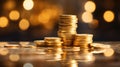 Multiple stacks of shiny gold coins on a surface with a warm, glowing bokeh light effect in the background.. AI Royalty Free Stock Photo