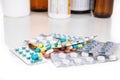 Multiple strips of pills tablet, caplet, capsule. Medication for various disease Royalty Free Stock Photo
