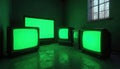 Multiple televisions with bright green screens in dimly lit room. Concrete floor reflects green light. Window shows bare tree Royalty Free Stock Photo